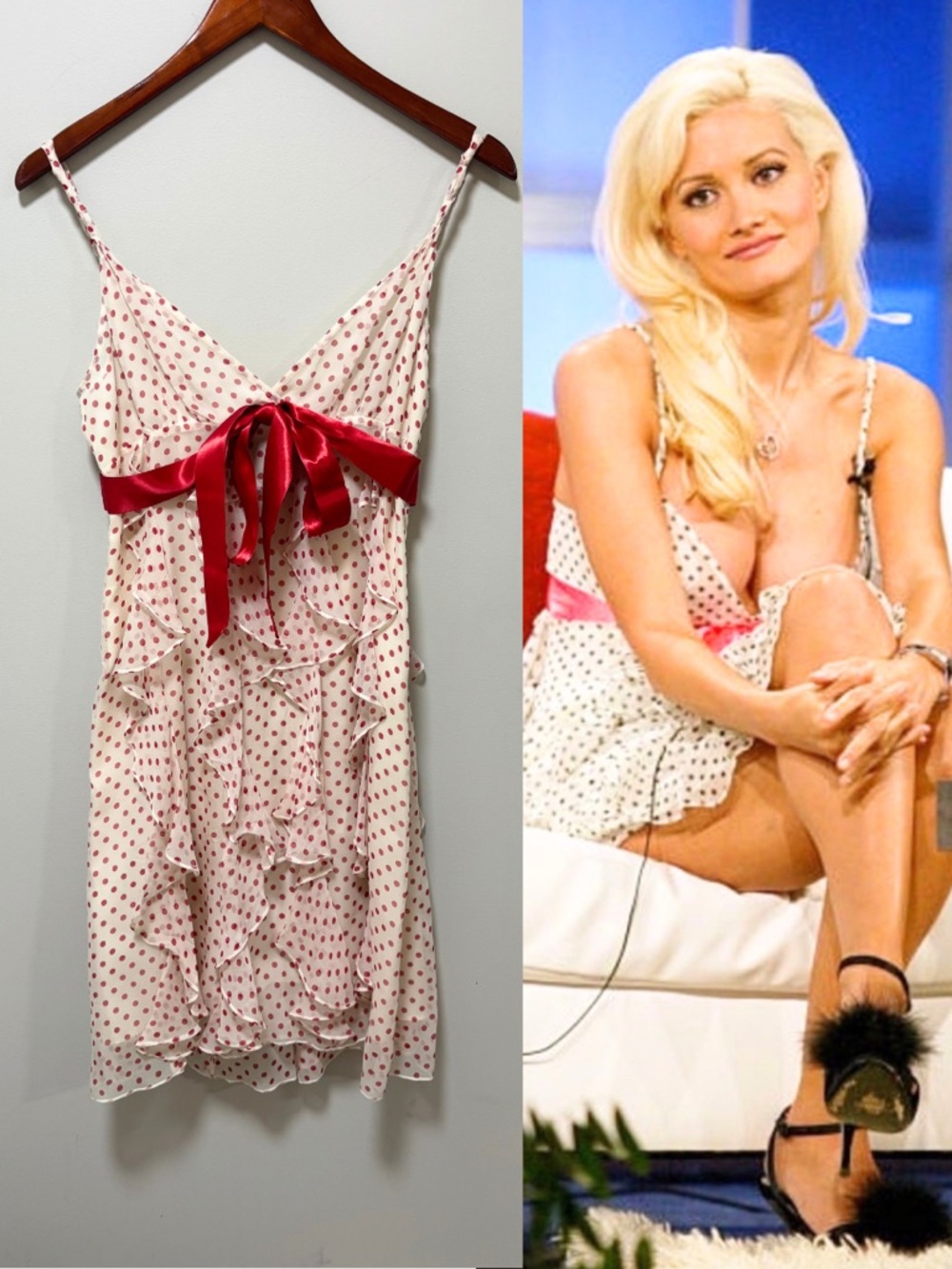 Rare ASO Holly Madison Y2K Ruffle Ribbon Bow Mini Dress Polka Dots Empire Waist